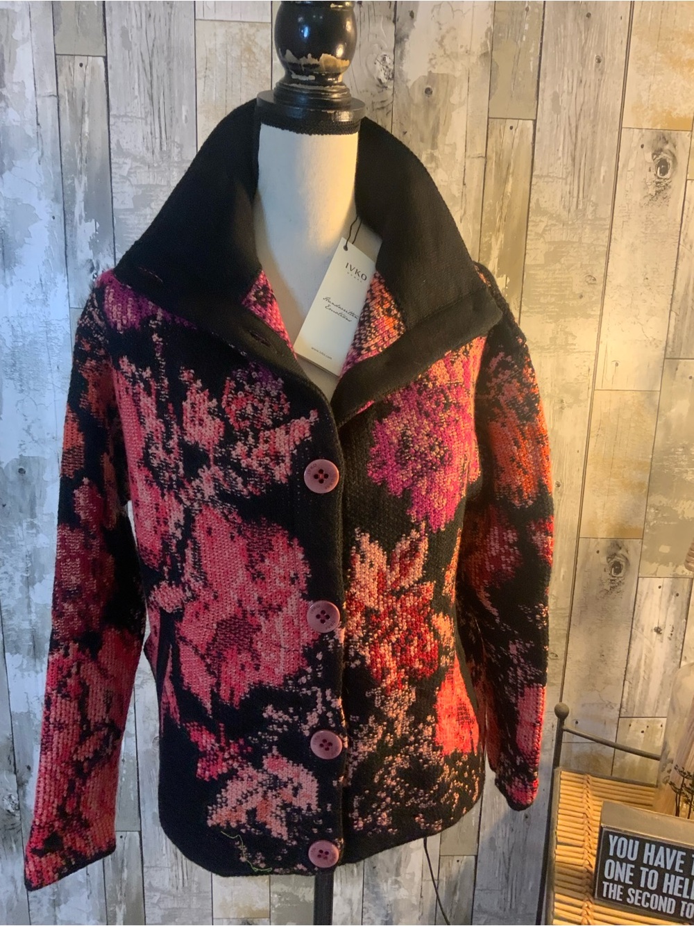 IVKO Black Knit Jacket with Pink & Coral Floral Pattern